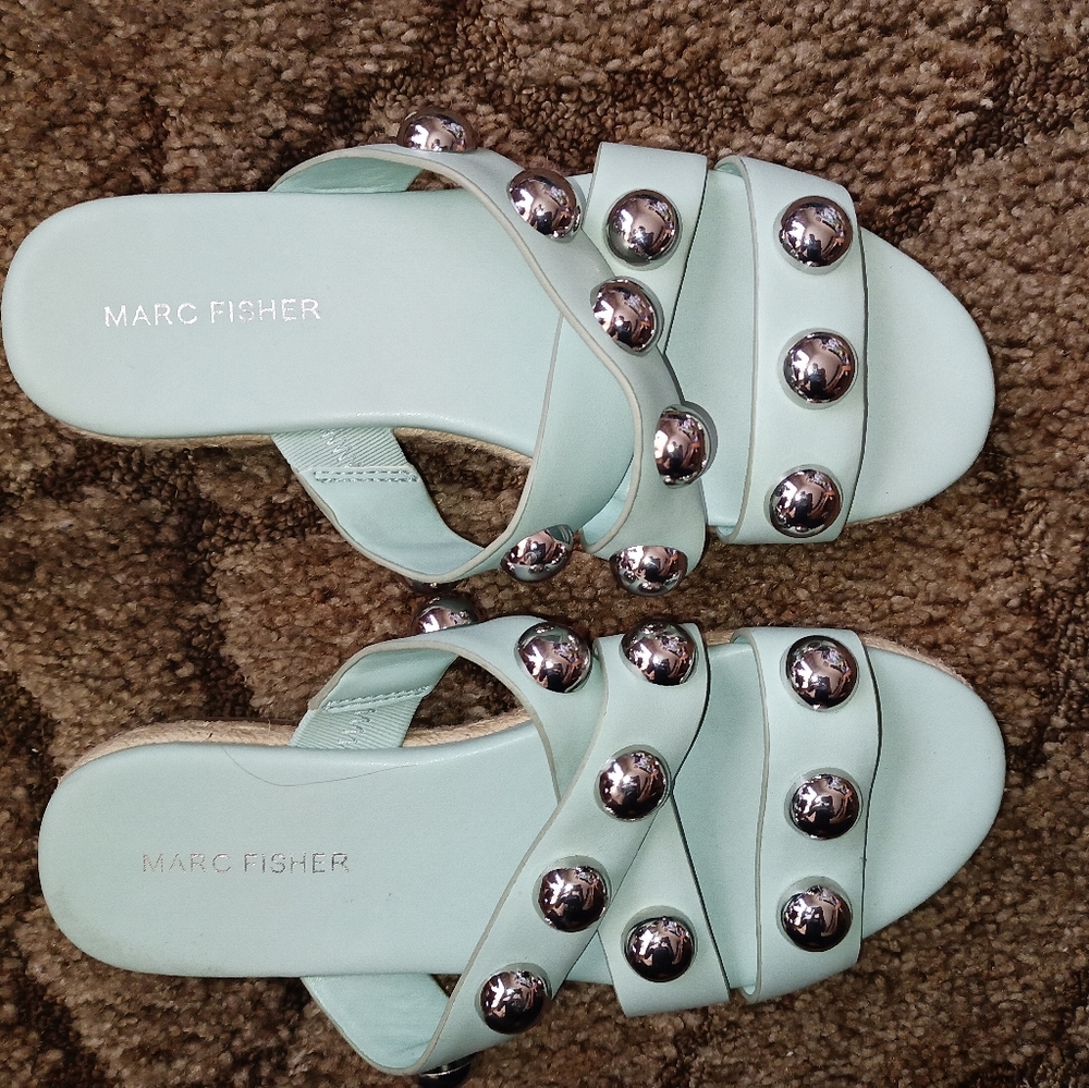 Marc Fisher Prisca Ball Studded Espadrille Sandals Slide Mint Green Women's 7